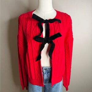 Red Cable-Knit Sweater Cardigan with Black Velvet Bows